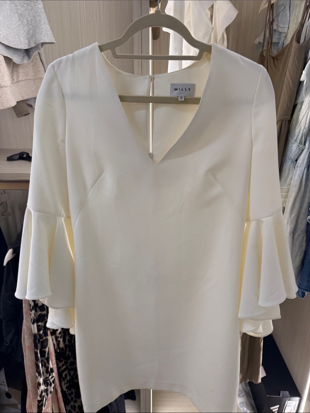 Milly Cream V-Neck Shift Dress with Layered Ruffle Sleeves